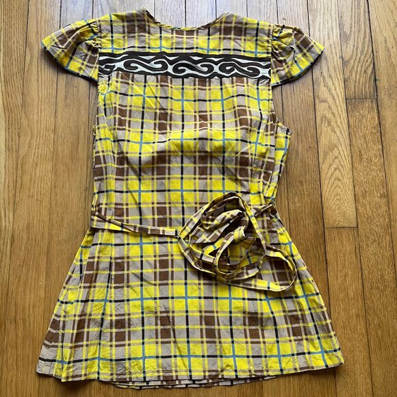Plenty By Tracy Reese Size 4 Yellow Brown Plaid Silk Blend Cap Sleeve Blouse Top - Picture 12 of 13